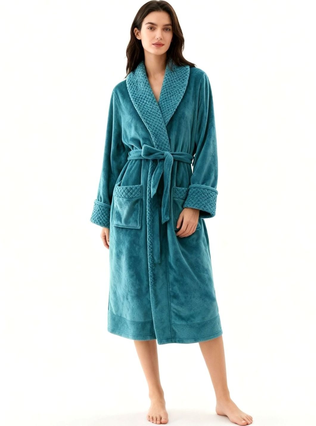 Homixa women's long plush fleece lounge robe with adjustable belt and two front pockets, cozy and soft for relaxed comfort.