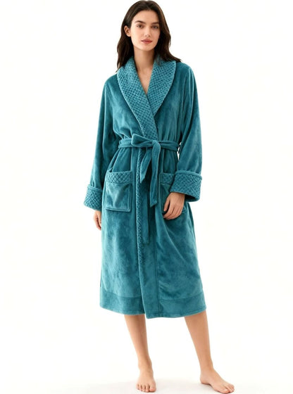 Homixa women's long plush fleece lounge robe with adjustable belt and two front pockets, cozy and soft for relaxed comfort.