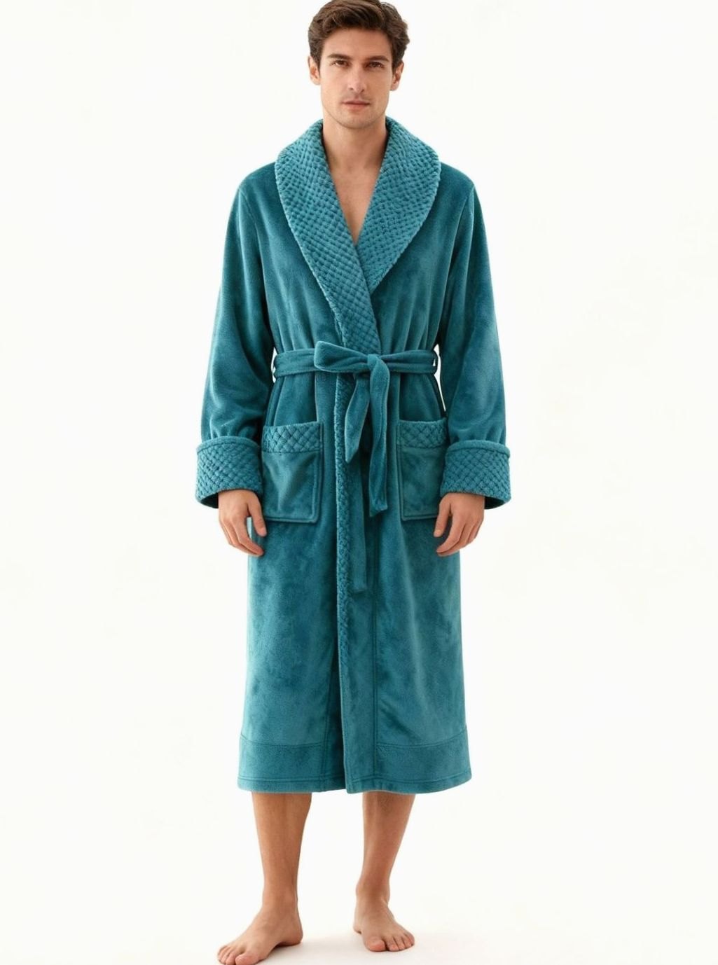 Women's long plush fleece lounge robe by Homixa with adjustable belt and two front pockets, cozy and comfortable for relaxing.