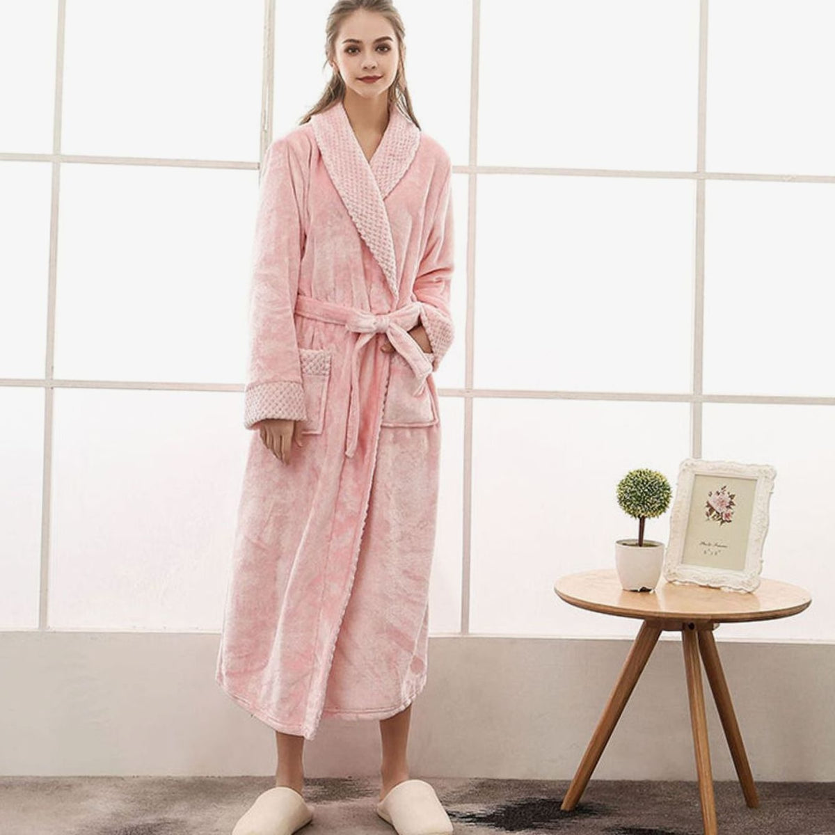 Women's long plush fleece lounge robe by Homixa with adjustable belt and two front pockets, soft and cozy for relaxing comfort.