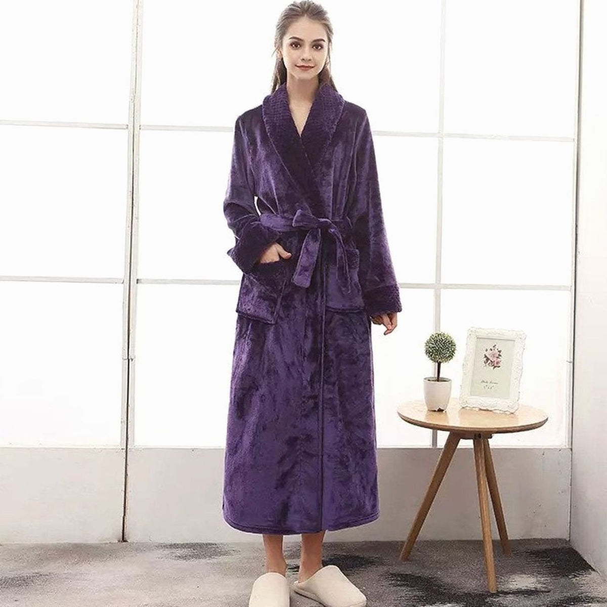 Women's long plush fleece lounge robe by Homixa with adjustable belt and two front pockets, cozy and comfortable for relaxing.