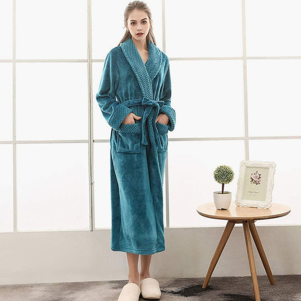Women's long plush fleece lounge robe by Homixa with adjustable belt and two front pockets, cozy and comfortable for relaxing.