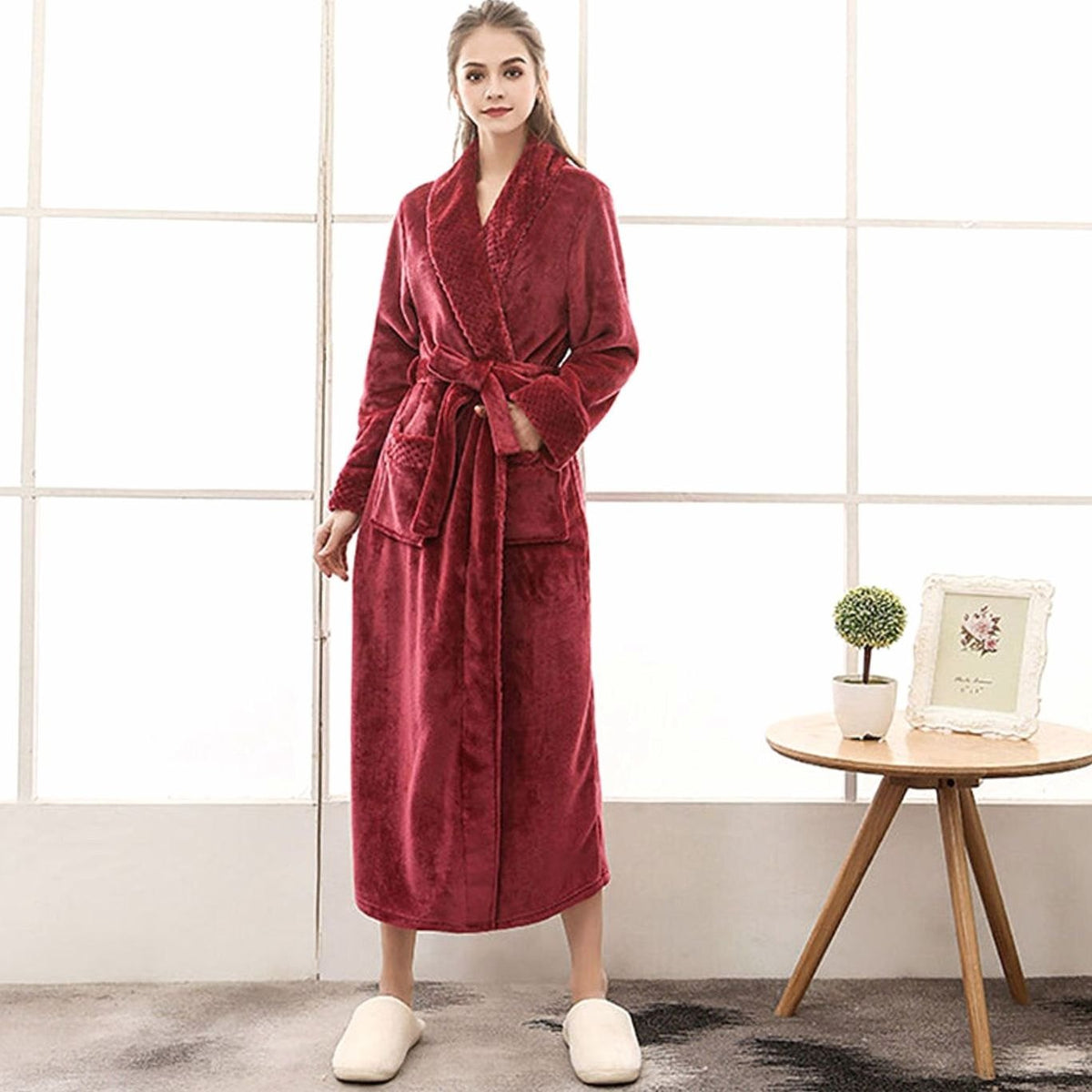 Women's long plush fleece lounge robe by Homixa with adjustable belt and two front pockets, cozy and comfortable for relaxing at home.