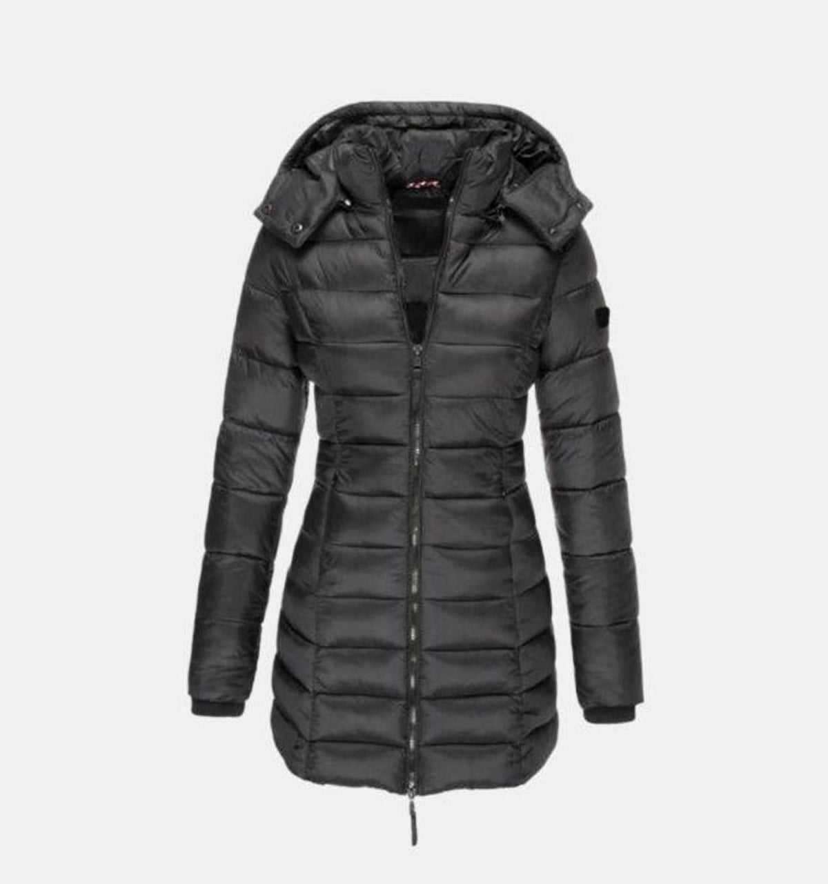 Women's long quilted winter puffer coat by Homixa with a removable hood and front zipper, designed for warmth and style.