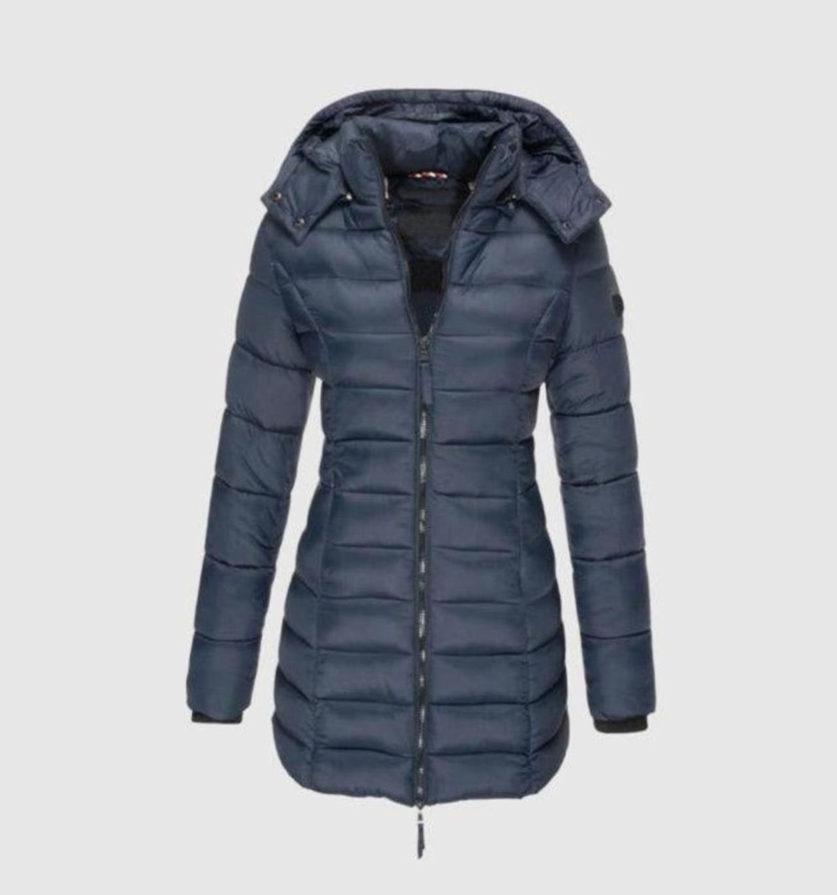 Women's long quilted winter puffer coat by Homixa with a removable hood and zip front, designed for warmth and style.
