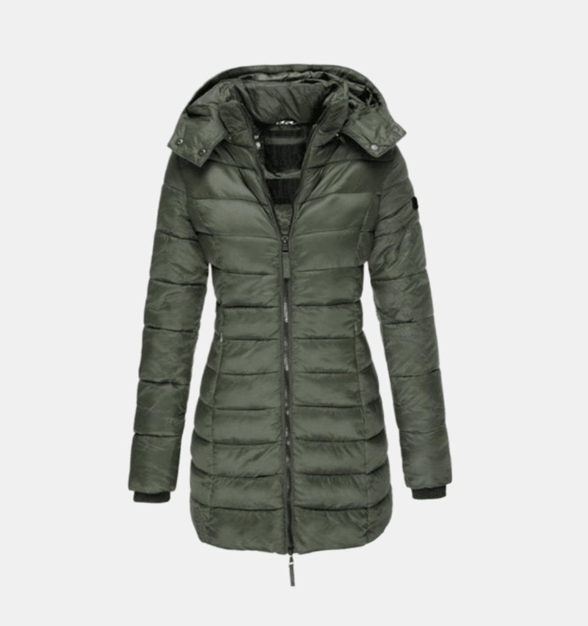 Women's long quilted winter puffer coat by Homixa featuring a removable hood and front zipper for warmth and style.