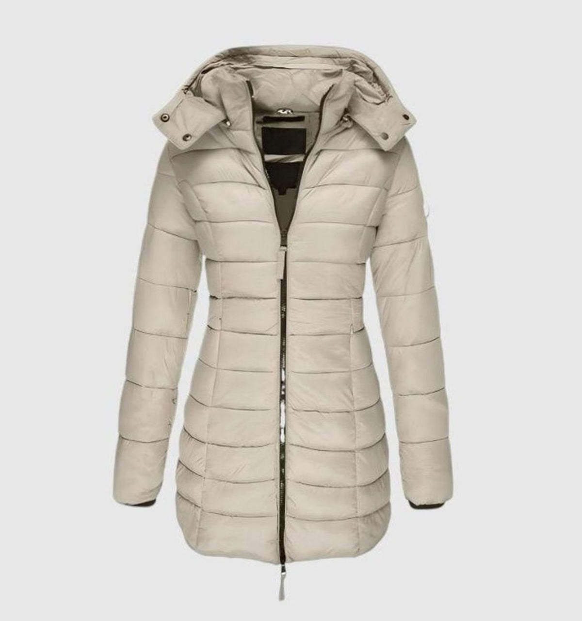 Women's long quilted winter puffer coat by Homixa with removable hood and front zipper, designed for warmth and style.
