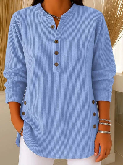 Homixa women's long-sleeve ribbed-knit sweater with decorative front buttons, cozy and stylish for everyday wear.