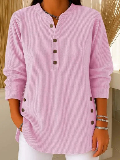 Women's long-sleeve ribbed-knit sweater by Homixa featuring decorative front buttons, cozy and stylish for casual wear.
