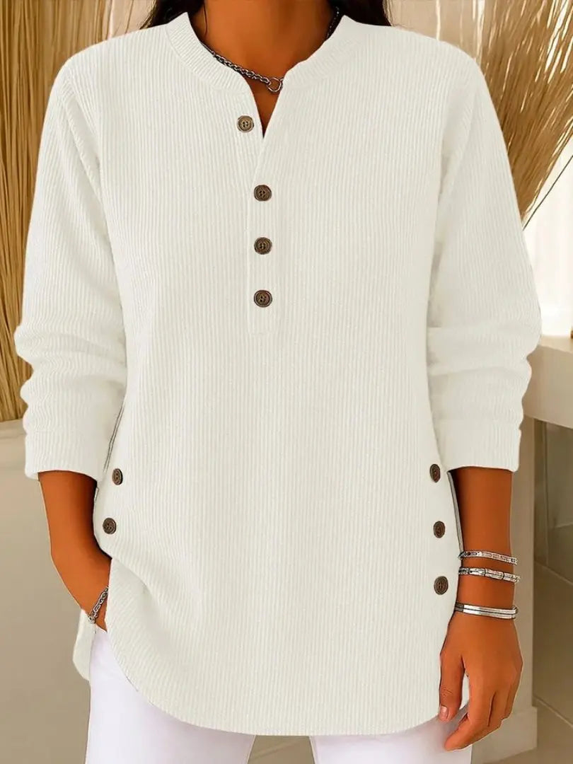 Women's ribbed-knit sweater by Homixa featuring long sleeves and decorative front buttons, displayed on a neutral background.