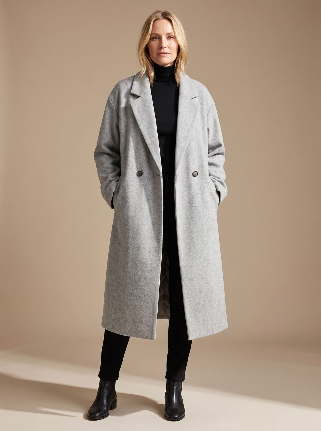 Women's long tailored wool coat by Homixa featuring lapels and a double-breasted button front, styled for a sophisticated look.