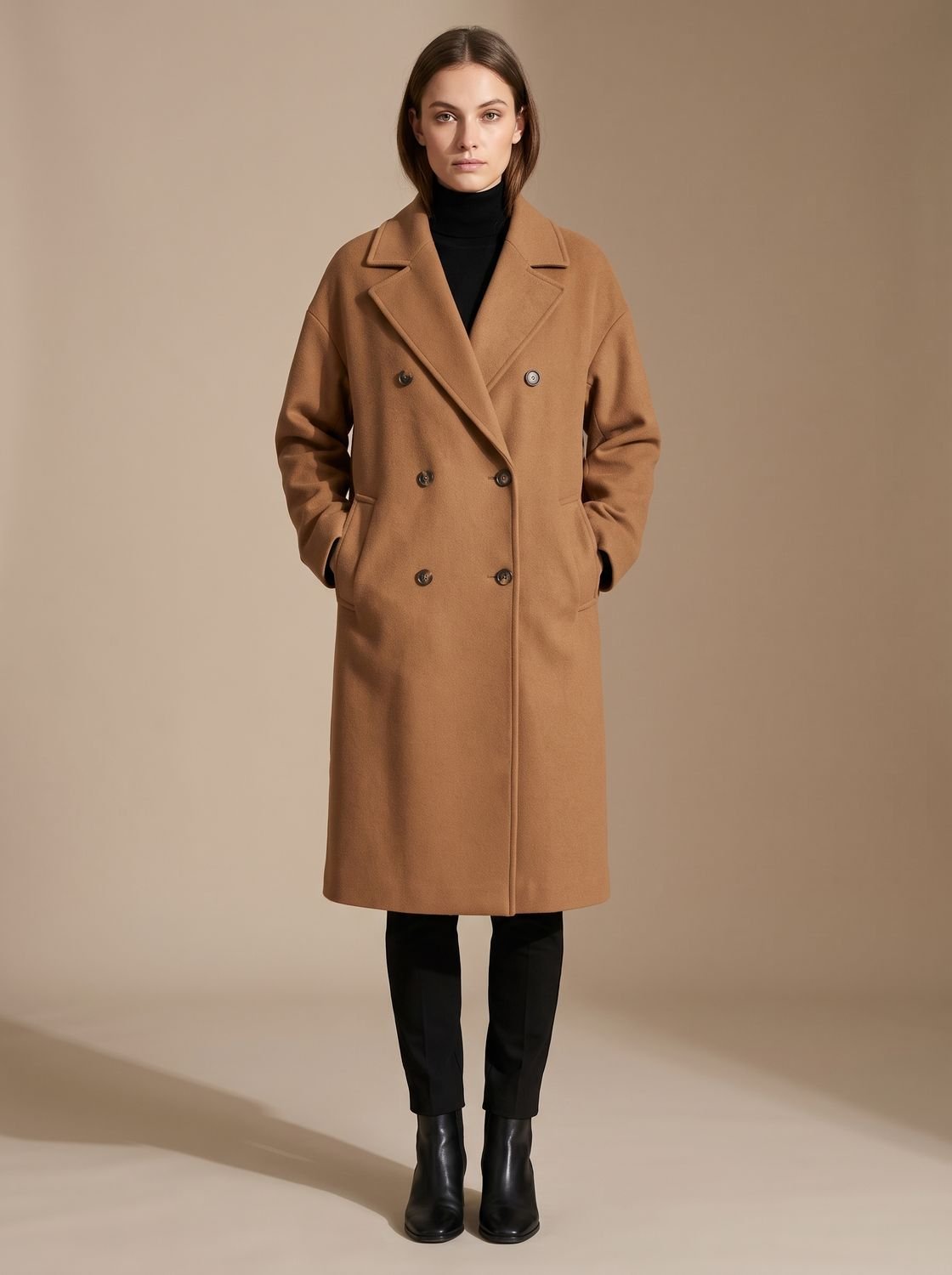 Women's long tailored wool coat with lapels and double-breasted buttons, stylish overcoat by Homixa, perfect for cold weather.