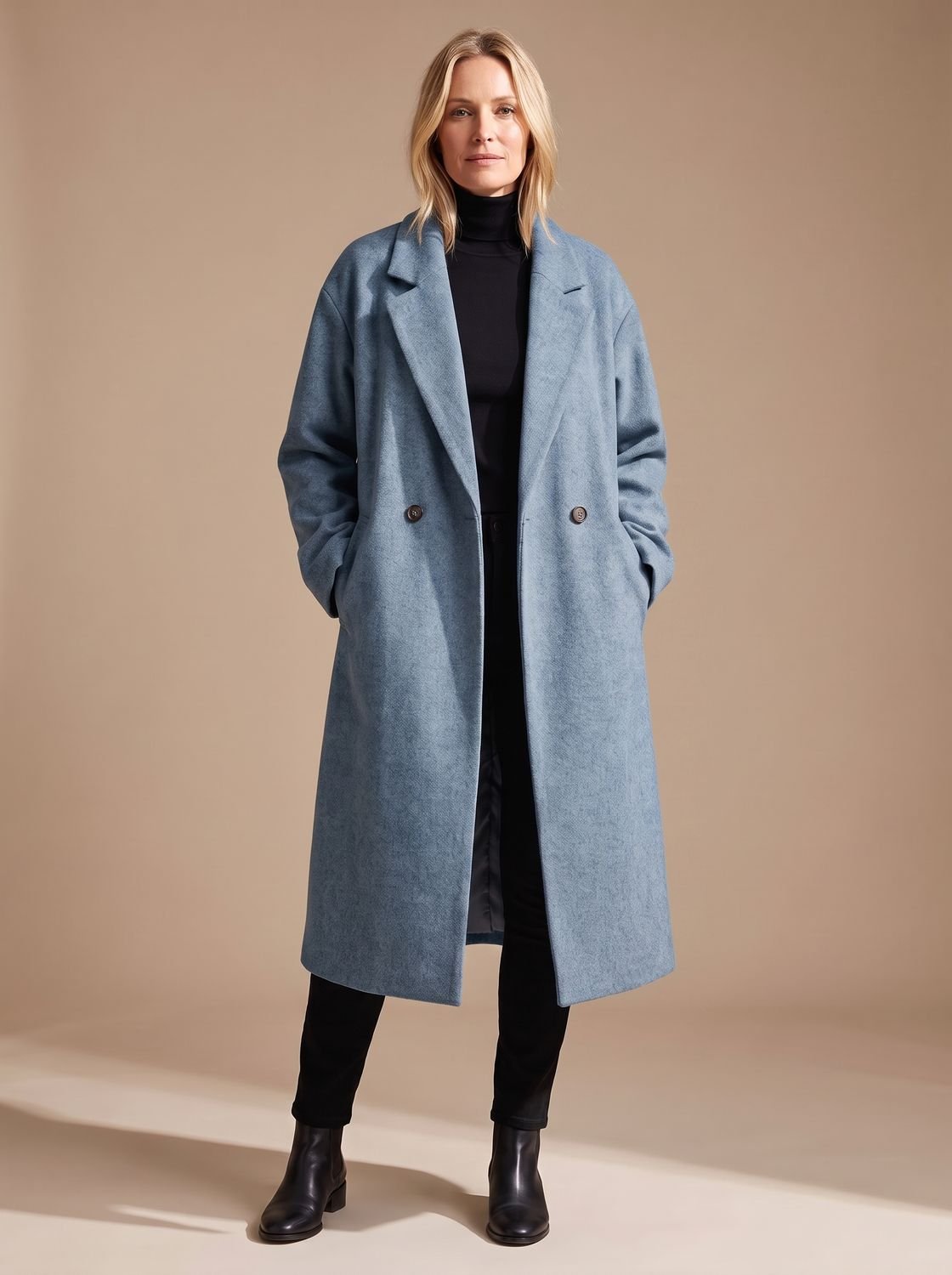 Women's tailored wool coat with lapels and double-breasted buttons, stylish overcoat by Homixa, shown on a model.