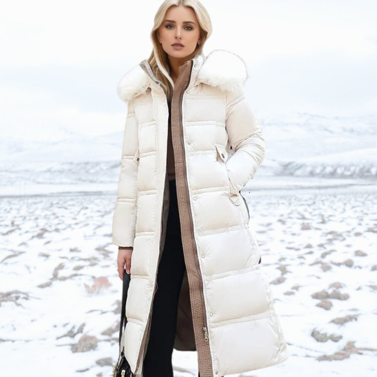 Women's longline quilted puffer parka by Homixa with plush-trimmed hood and zip front, perfect for cold weather.