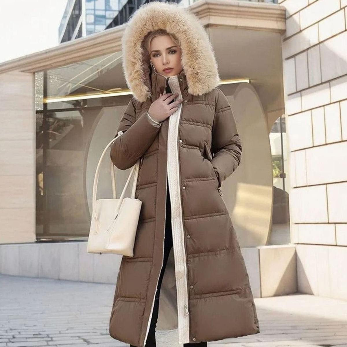 Women's longline quilted puffer parka with plush-trimmed hood and zip front, designed by Homixa for warmth and style.