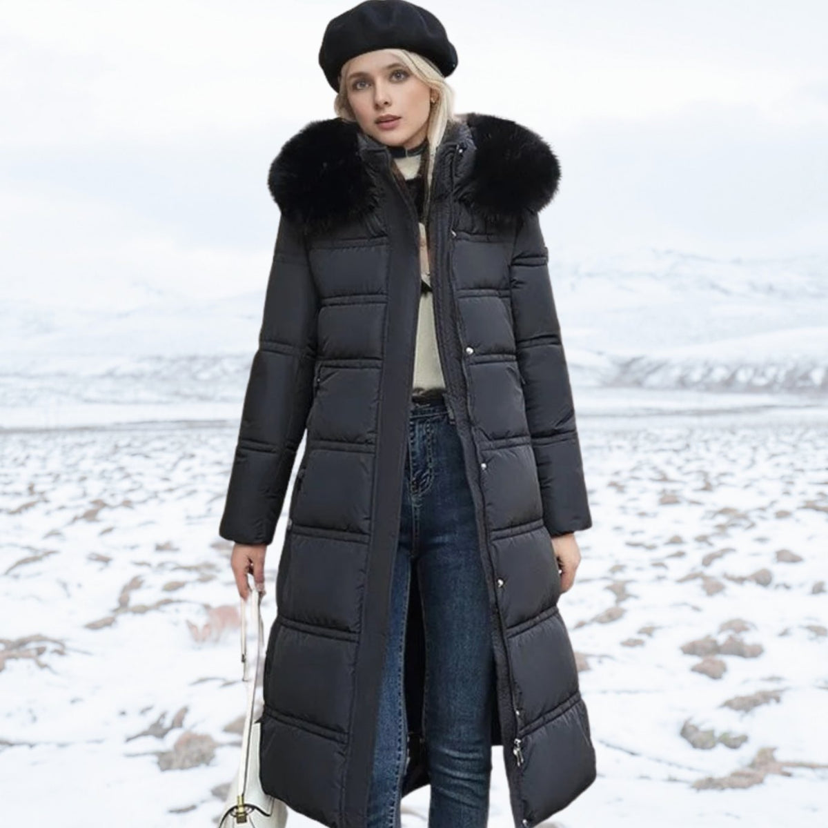 Women's longline quilted puffer parka by Homixa with plush-trimmed hood and zip front, warm winter outerwear.