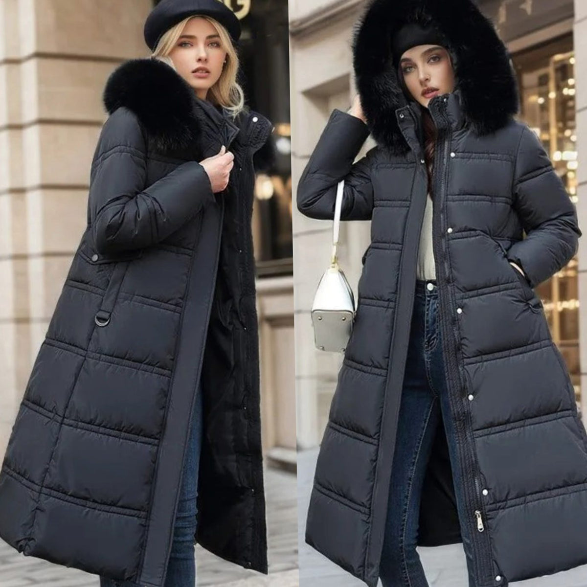 Women’s longline quilted puffer parka by Homixa featuring plush-trimmed hood and zip front for warmth and style.