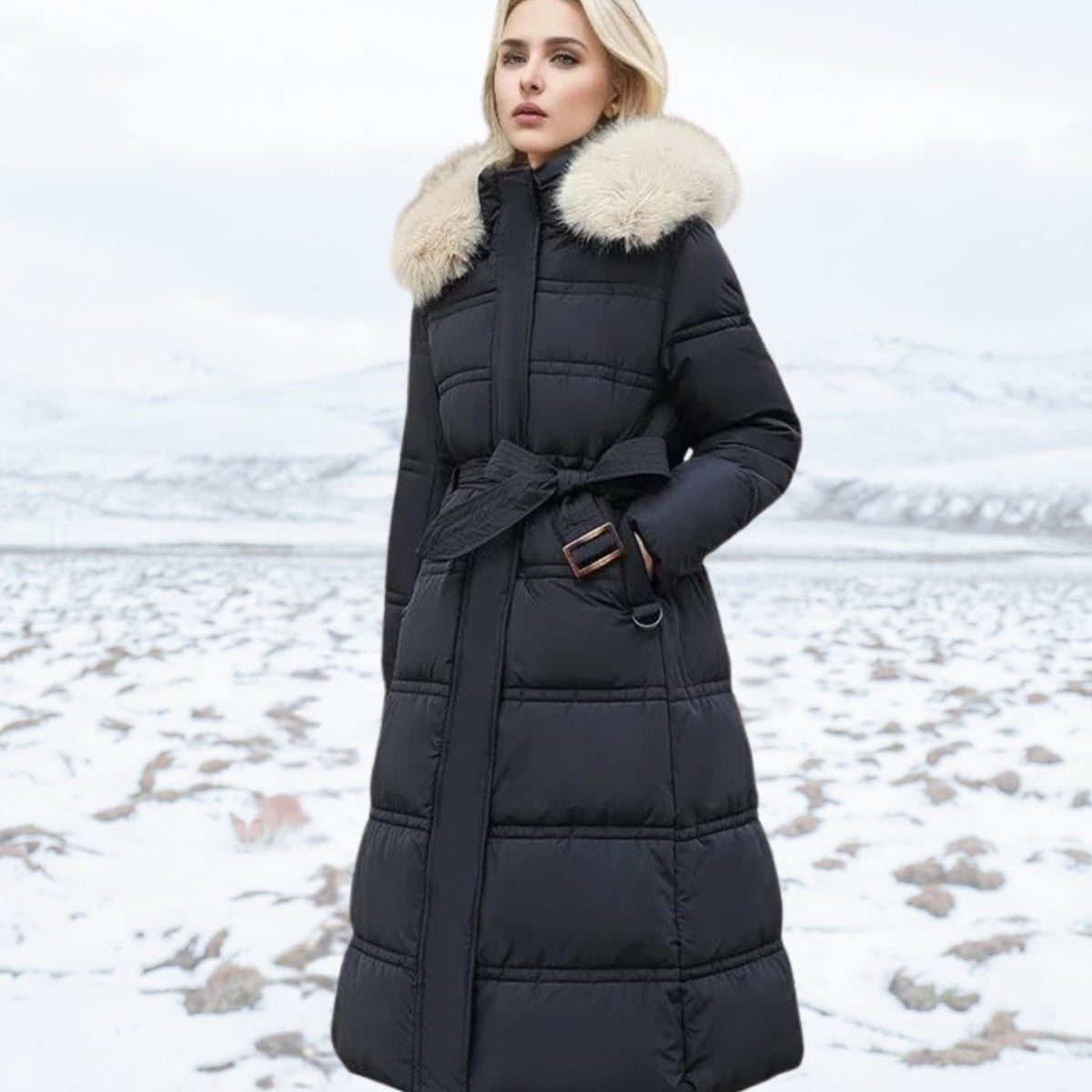 Women's longline quilted puffer parka by Homixa with plush-trimmed hood and zip front, ideal for cold weather.