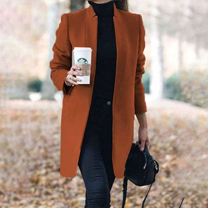 Homixa women's longline winter jacket with stand collar, slim fit, elegant silhouette, suitable for cold weather.
