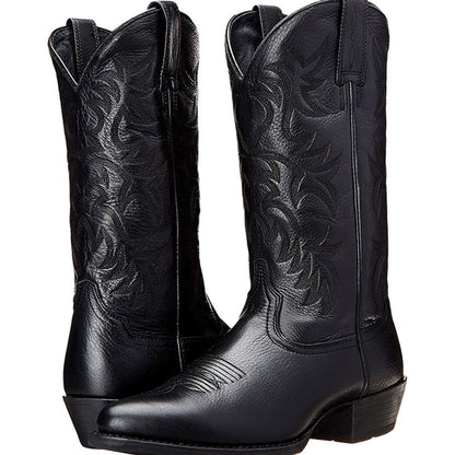 Women's Homixa mid-calf cowboy boots with pointed toe, block heel, and tonal shaft embroidery, showcasing western style and craftsmanship.