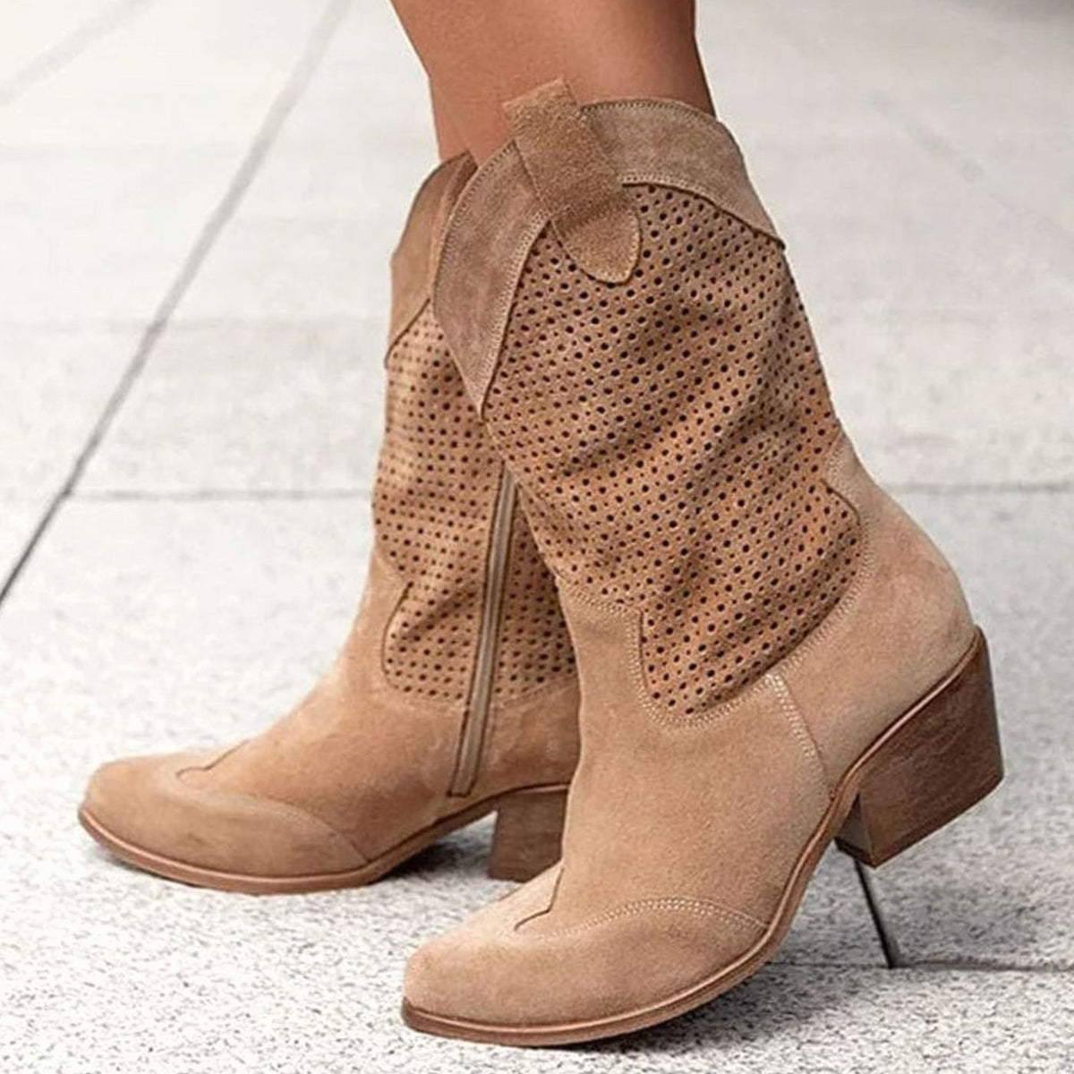 Women's mid-calf cowboy boots by Homixa with side zip, perforated shaft, and cushioned insole for comfort.