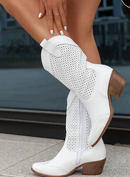 Women's mid-calf cowboy boots by Homixa with side zipper, cushioned insole, and perforated shaft, stylish and comfortable footwear.