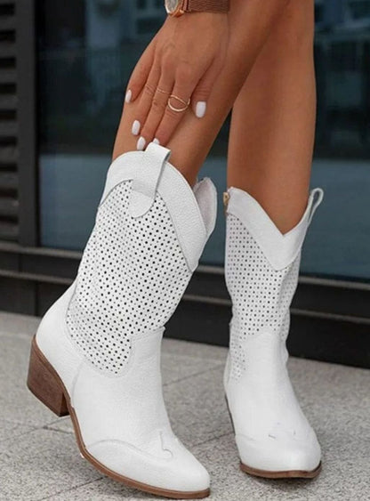 Women's mid-calf cowboy boots by Homixa with side zipper, cushioned insole, and perforated shaft, stylish and comfortable footwear.