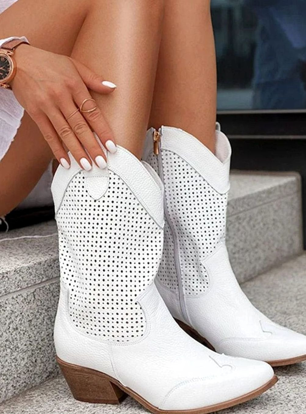 Women's mid-calf cowboy boots by Homixa with side zip, cushioned insole, and perforated shaft for breathable style.