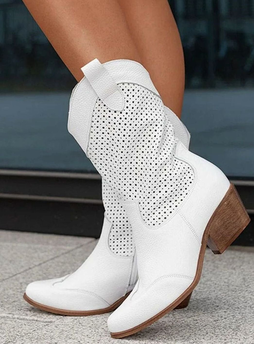Women's mid-calf cowboy boots by Homixa with side zipper, cushioned insole, and perforated shaft for breathable style.