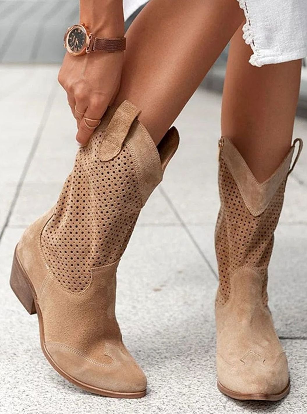 Women's mid-calf cowboy boots by Homixa with side zipper, cushioned insole, and perforated shaft, stylish and comfortable footwear.