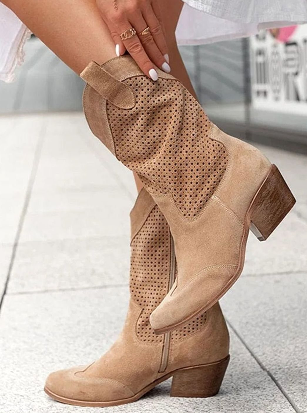 Women's mid-calf cowboy boots by Homixa with side zip, cushioned insole, and perforated shaft for breathable style.