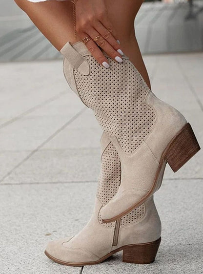Women's mid-calf cowboy boots with side zip, cushioned insole, and perforated shaft by Homixa.