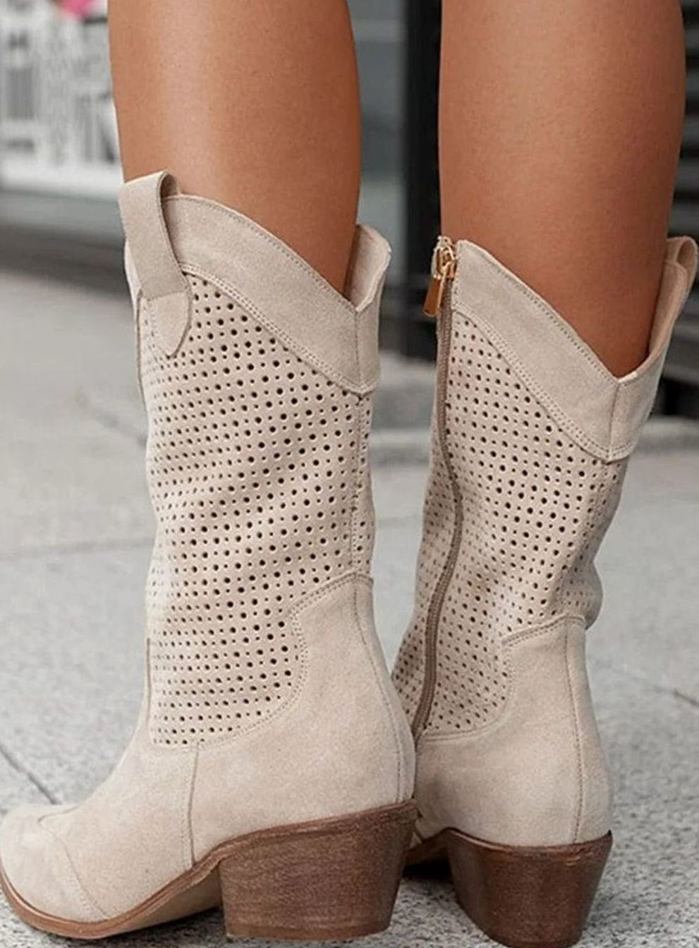 Women's mid-calf cowboy boots by Homixa with side zip, perforated shaft, and cushioned insole for comfort.