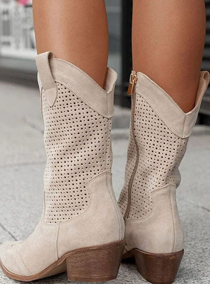 Women's mid-calf cowboy boots by Homixa with side zip, perforated shaft, and cushioned insole for comfort.