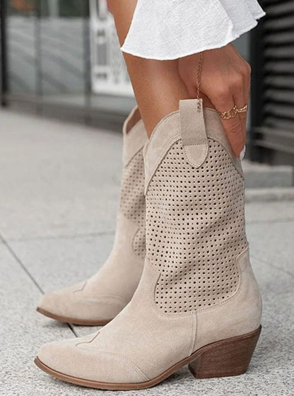 Women's mid-calf cowboy boots with side zipper, cushioned insole, and perforated shaft by Homixa.
