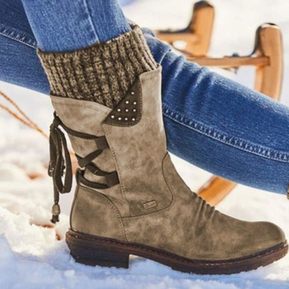 Homixa women's mid-calf winter boots with cable-knit cuff, side laces, and warm lining, perfect for cold weather comfort.