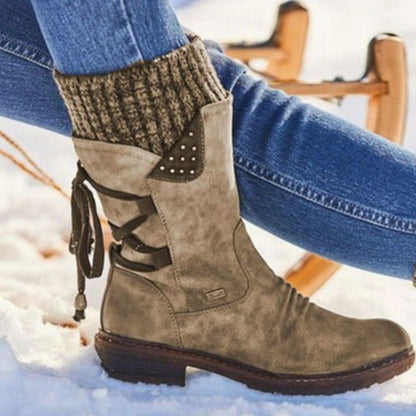 Homixa women's mid-calf winter boots with cable-knit cuff, side laces, and warm lining, perfect for cold weather comfort.