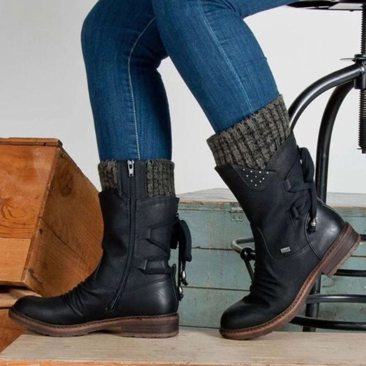 Homixa women's mid-calf winter boots with cable-knit cuff, side laces, and warm lining, perfect for cold weather.