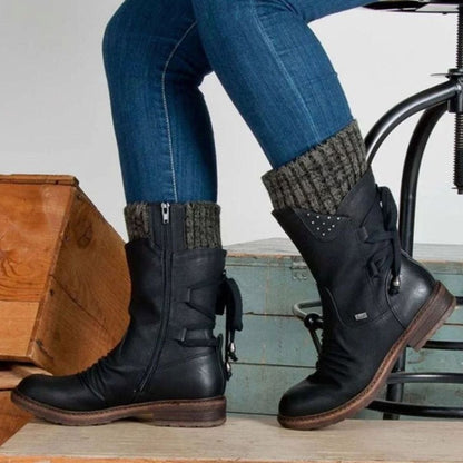 Homixa women's mid-calf winter boots with cable-knit cuff, side laces, and warm lining, perfect for cold weather.
