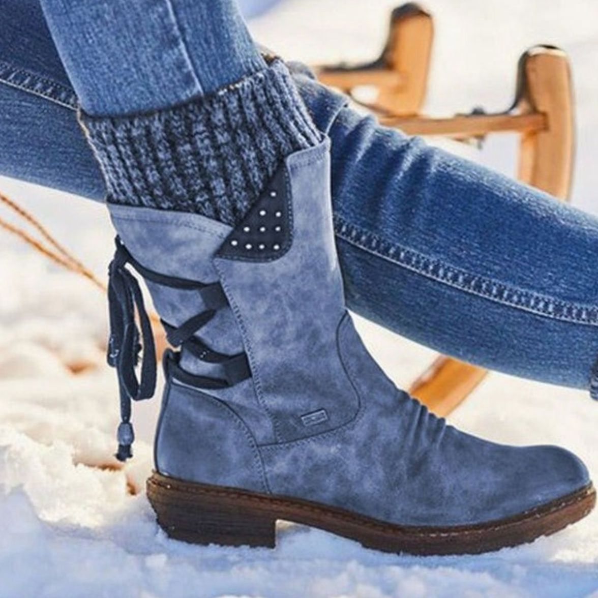 Homixa women's mid-calf winter boots with cable-knit cuff, side laces, and warm lining, perfect for cold weather.