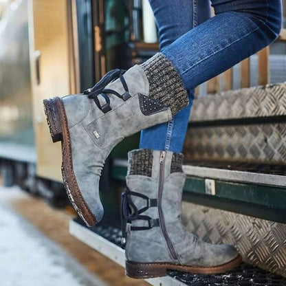 Women's mid-calf winter boots by Homixa featuring cable-knit cuff, side laces, and warm lining for cold weather comfort.