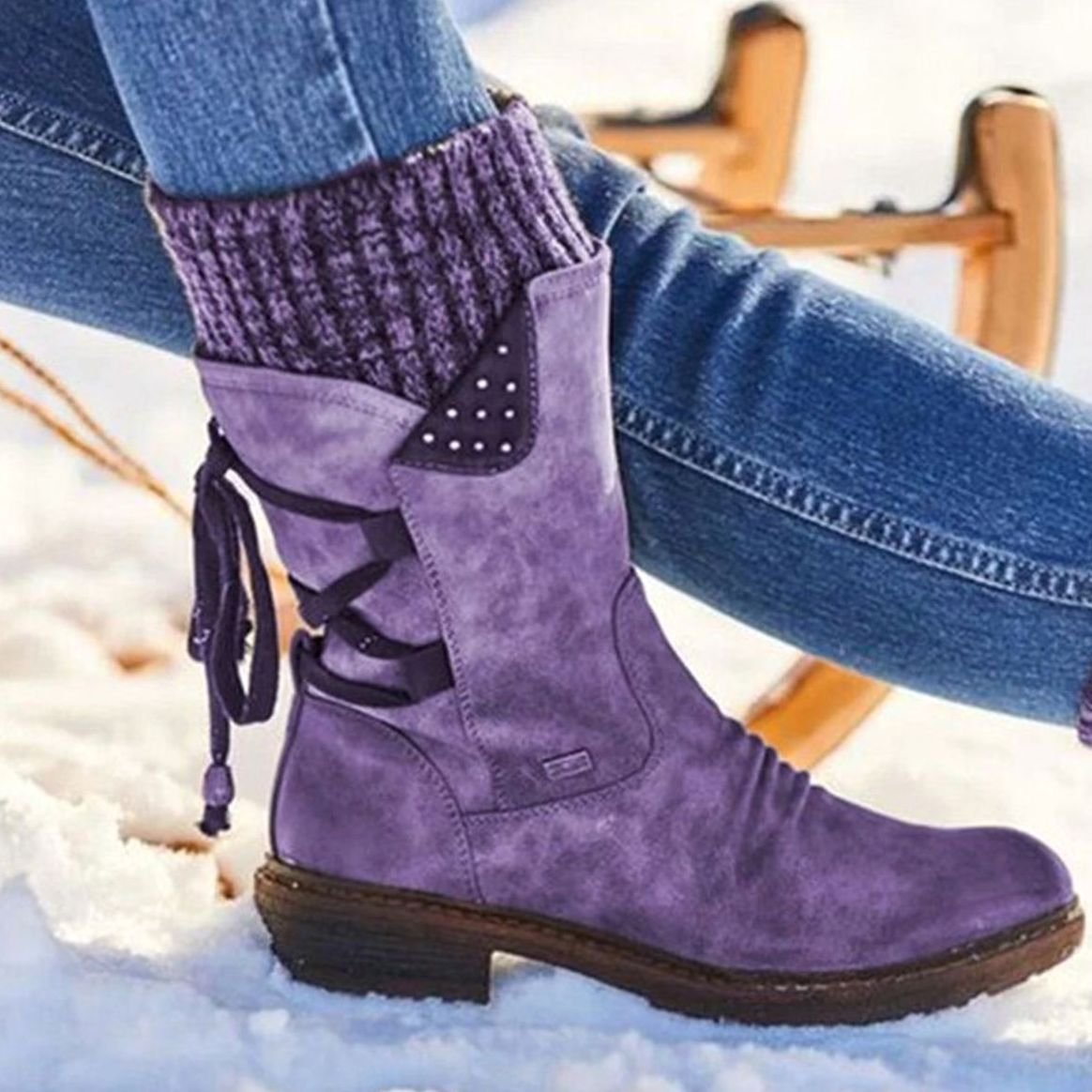 Women's Homixa mid-calf winter boots with cable-knit cuff, side laces, and warm lining for cold weather.