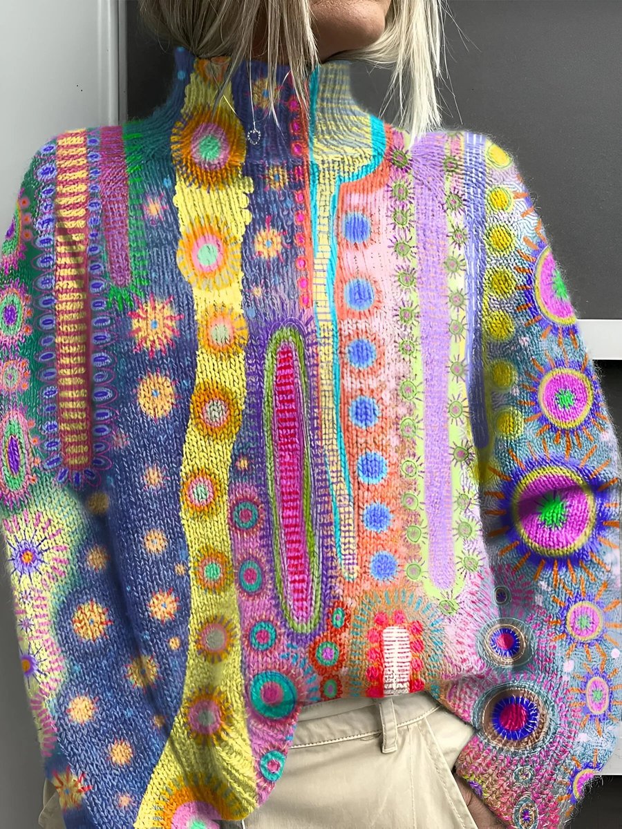 Women's multicolored abstract-knit turtleneck sweater by Homixa featuring a soft, thick textured fabric.