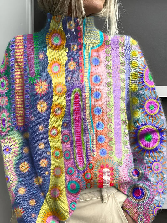 Women's multicolored abstract-knit turtleneck sweater by Homixa featuring a soft, thick textured fabric.