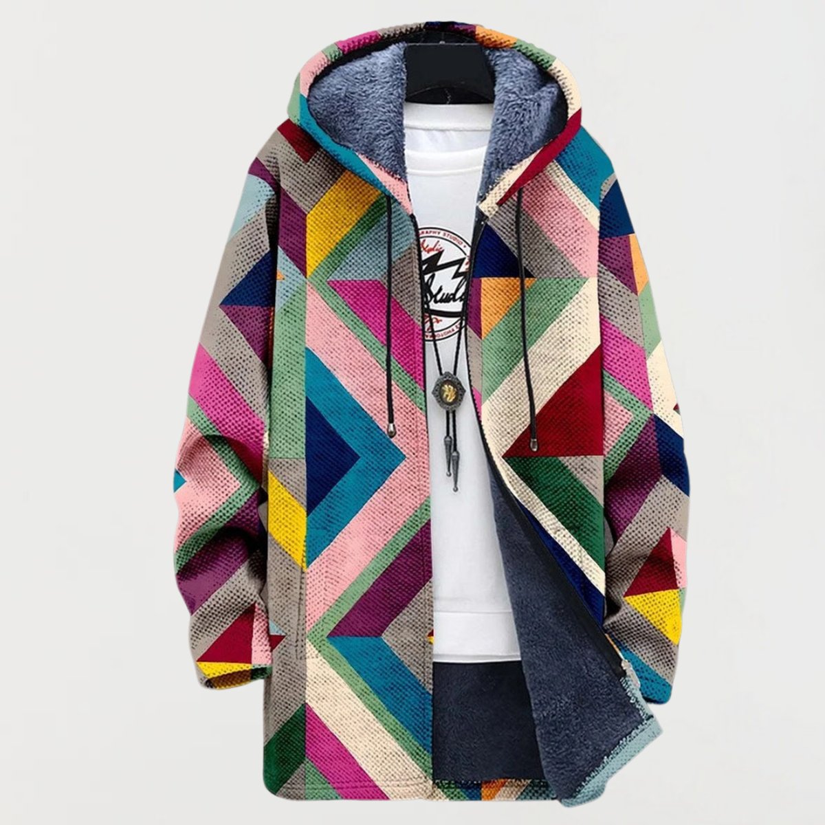 Women's multicolored chevron-print hooded coat with fleece lining and open front by Homixa, shown hanging with front view.