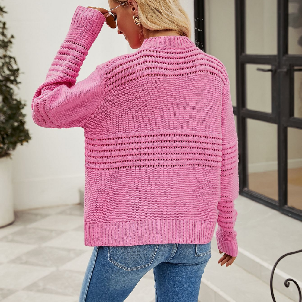 Women's openwork stripe knit sweater by Homixa featuring wide ribbed cuffs and a classic crew neck.