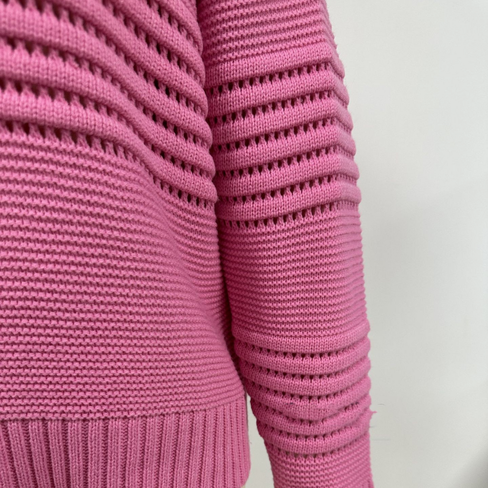 Women's openwork-stripe knit sweater by Homixa featuring wide ribbed cuffs and a classic crew neck, shown in the image.