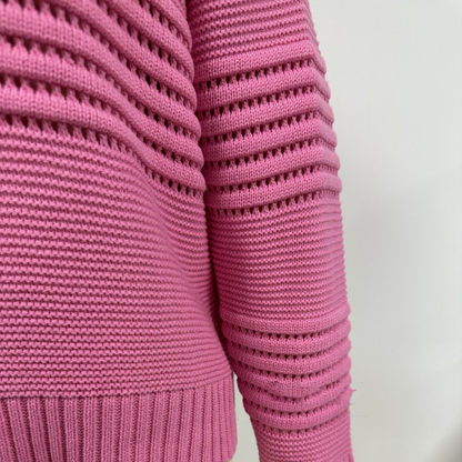 Women's openwork-stripe knit sweater by Homixa featuring wide ribbed cuffs and a classic crew neck, shown in the image.