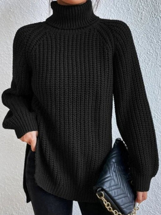 Women’s oversized chunky-knit turtleneck sweater with wide ribbed cuffs, in soft, warm fabric, by Homixa.