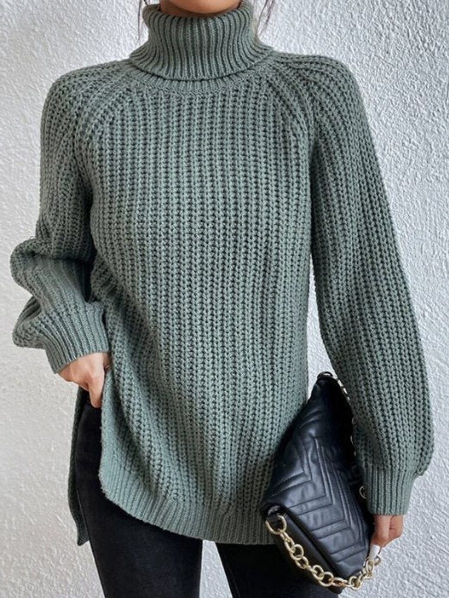 Women’s oversized chunky-knit turtleneck sweater with wide ribbed cuffs, in soft, cozy knit from Homixa.